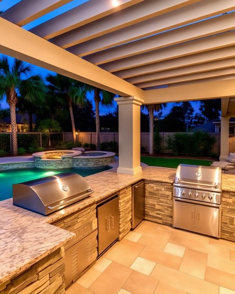 Covered outdoor kitchen designed beside a Southwest Florida pool